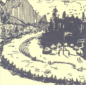 Ukázka ilustrace knihy – pohled na Sluneční zátoku s vystavěným stanovým táborem
