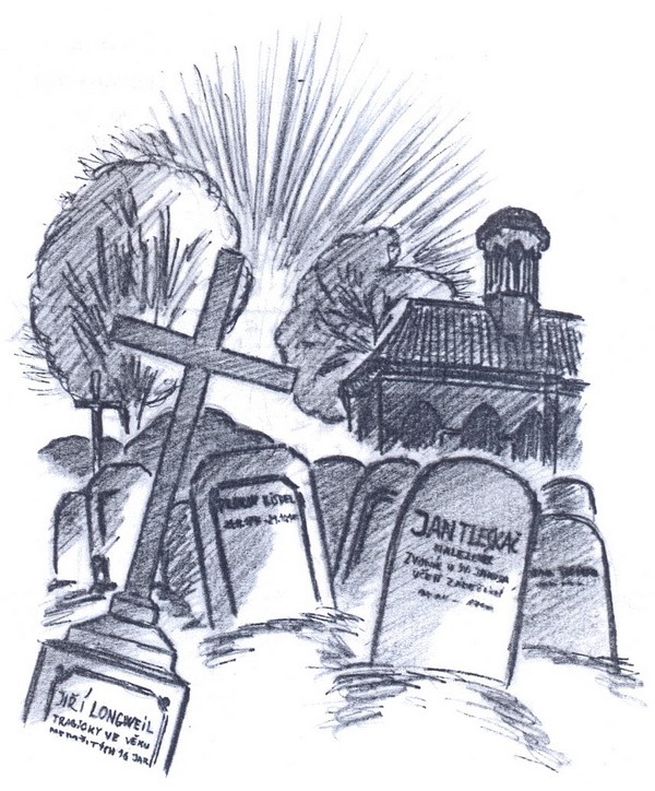Ilustrace – hřbitov, v popředí náhrobek Jana Tleskače, v pozadí kaple