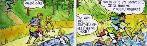 Ukázka z kresleného seriálu – Jarka Metelka sráží chlapce RŠ do potoka