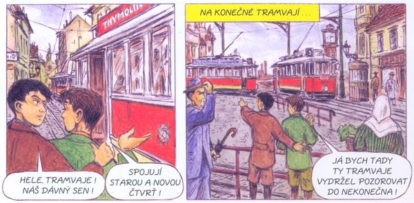 Ukázka ilustrace – chlapci v ulicích a na konečné obdivují tramvaje
