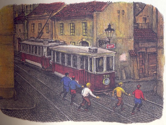 Ukázka ilustrace – Rychlé šípy přebíhají Rozdělovací třídu, po které jede tramvaj